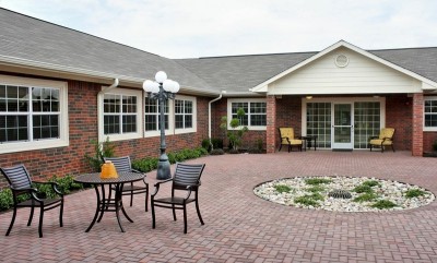 Brick courtyard with table and chairs