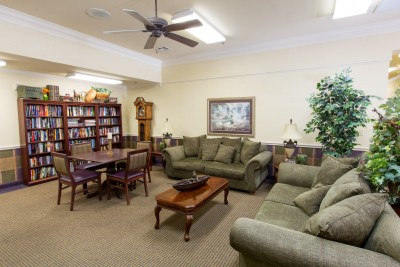 reading area with books and couches
